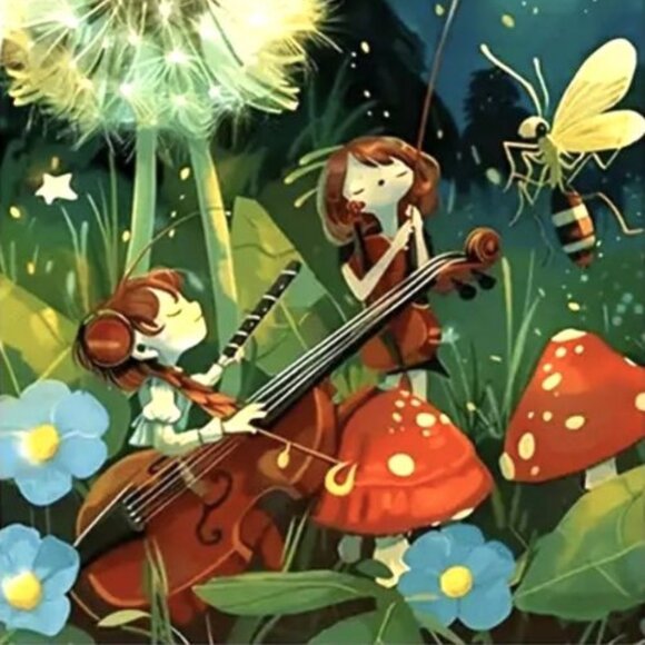 12x16 Enchanted Forest Night Insect Duo Musicians Magical Music Canvas Art Print - Picture 3 of 3